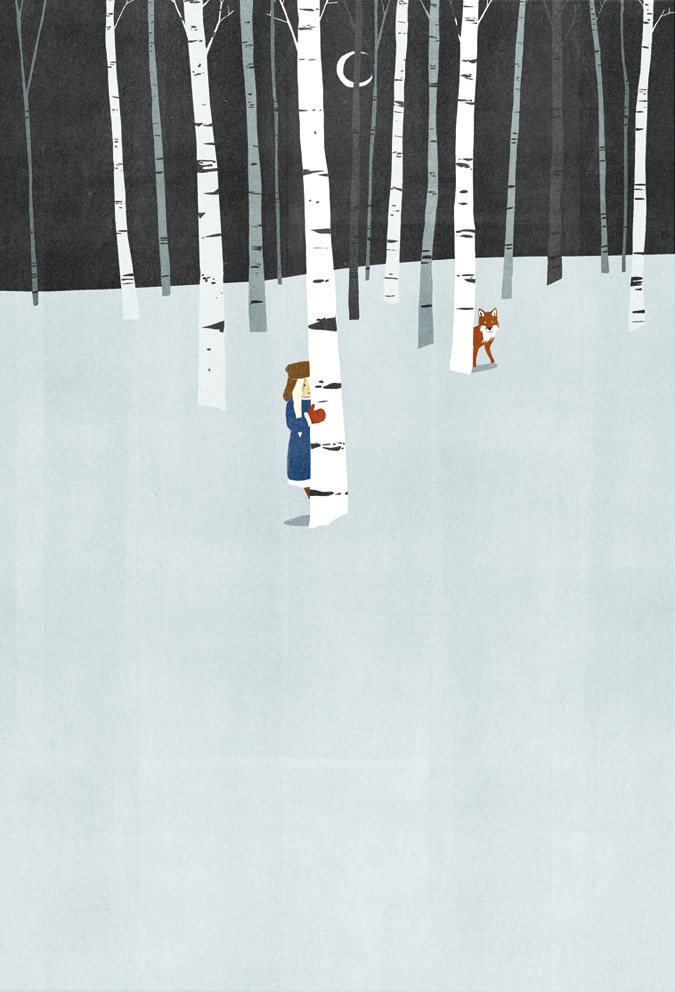 Girl and Fox in the Birch Forest