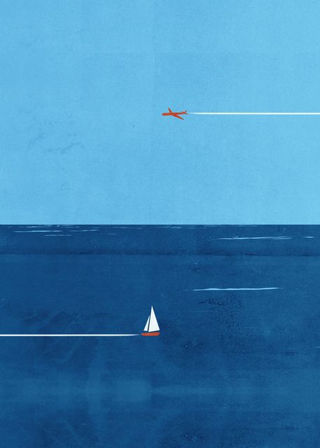 Airplane and Sailboat over the Sea