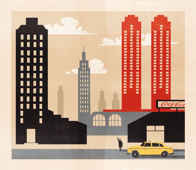 Factory Skyline with a Yellow Taxi