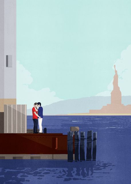 Couple on the Pier with the Statue of Liberty