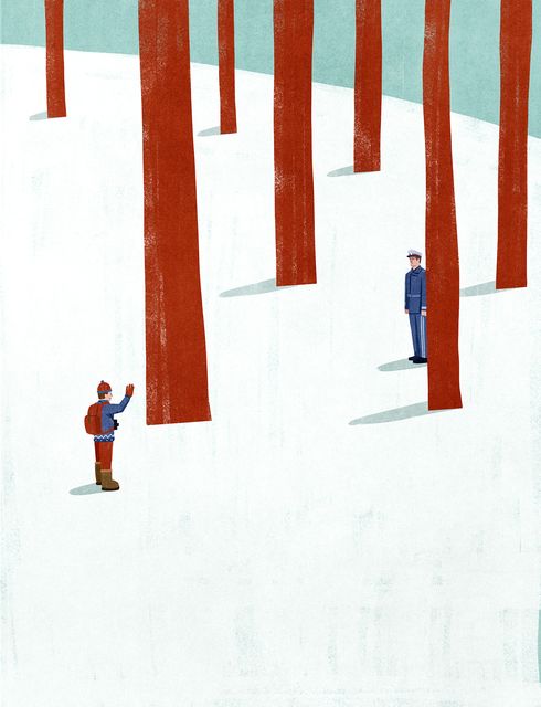 Figures among the Red Trunks
