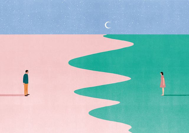 Two Figures on the Pink and Teal Shore